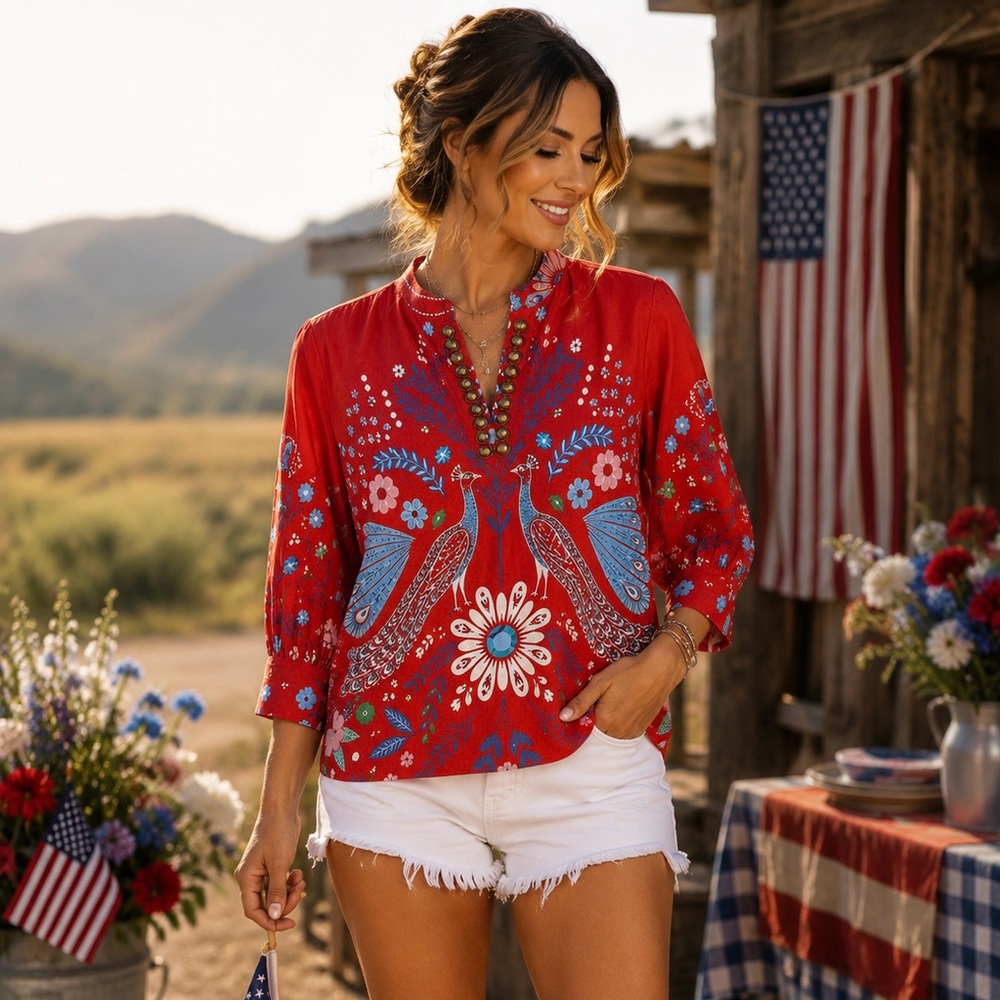 Sheridan French Red Peacock Floral Print Tunic Blouse XS Cotton Lycra Festival